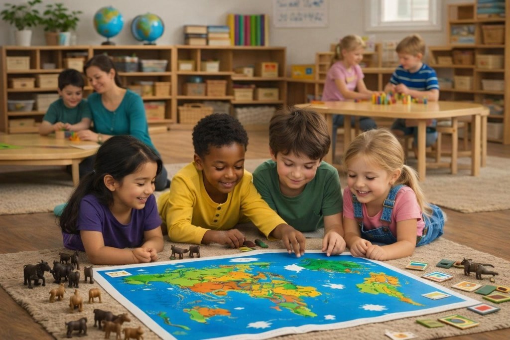 Four children gathered around a colorful world map playing an educational game